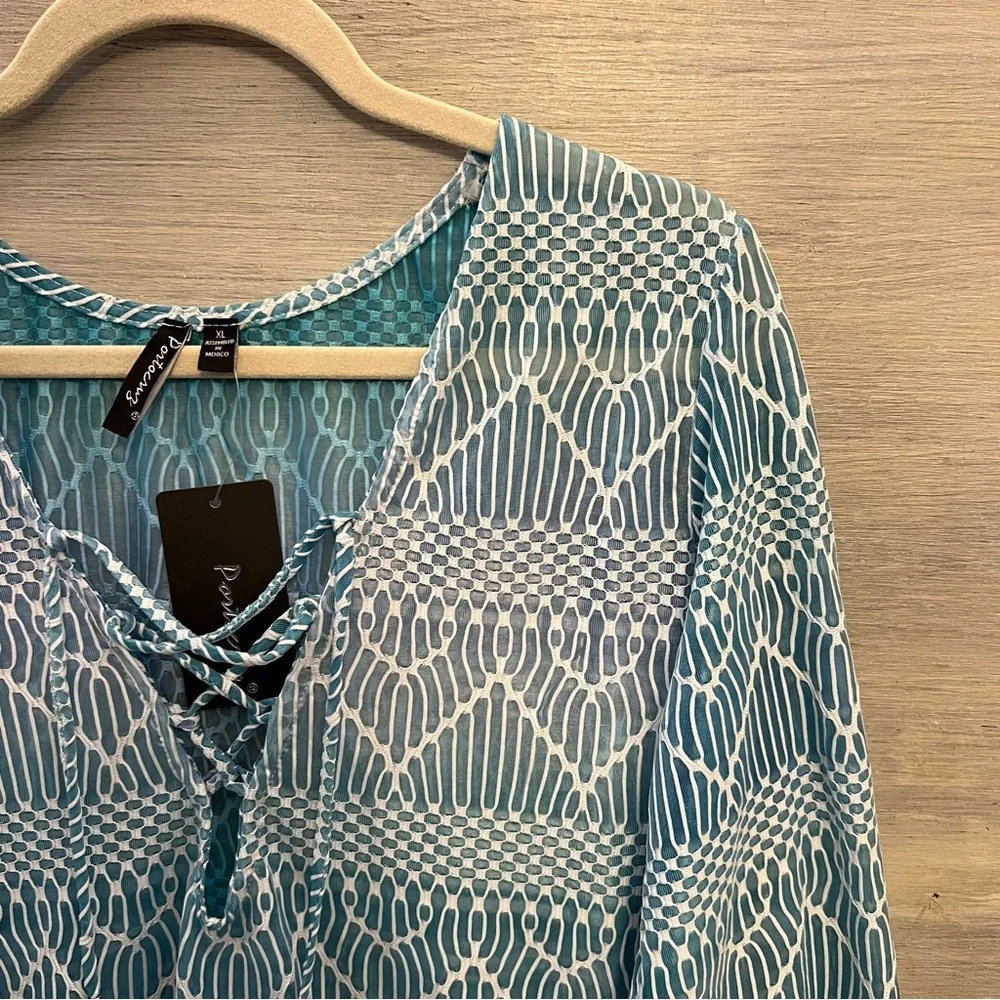 Porto Cruz Blue Ombré 3/4‎ Sleeve Lace Up Tunic Cover Up XL New with Tag - Picture 3 of 9